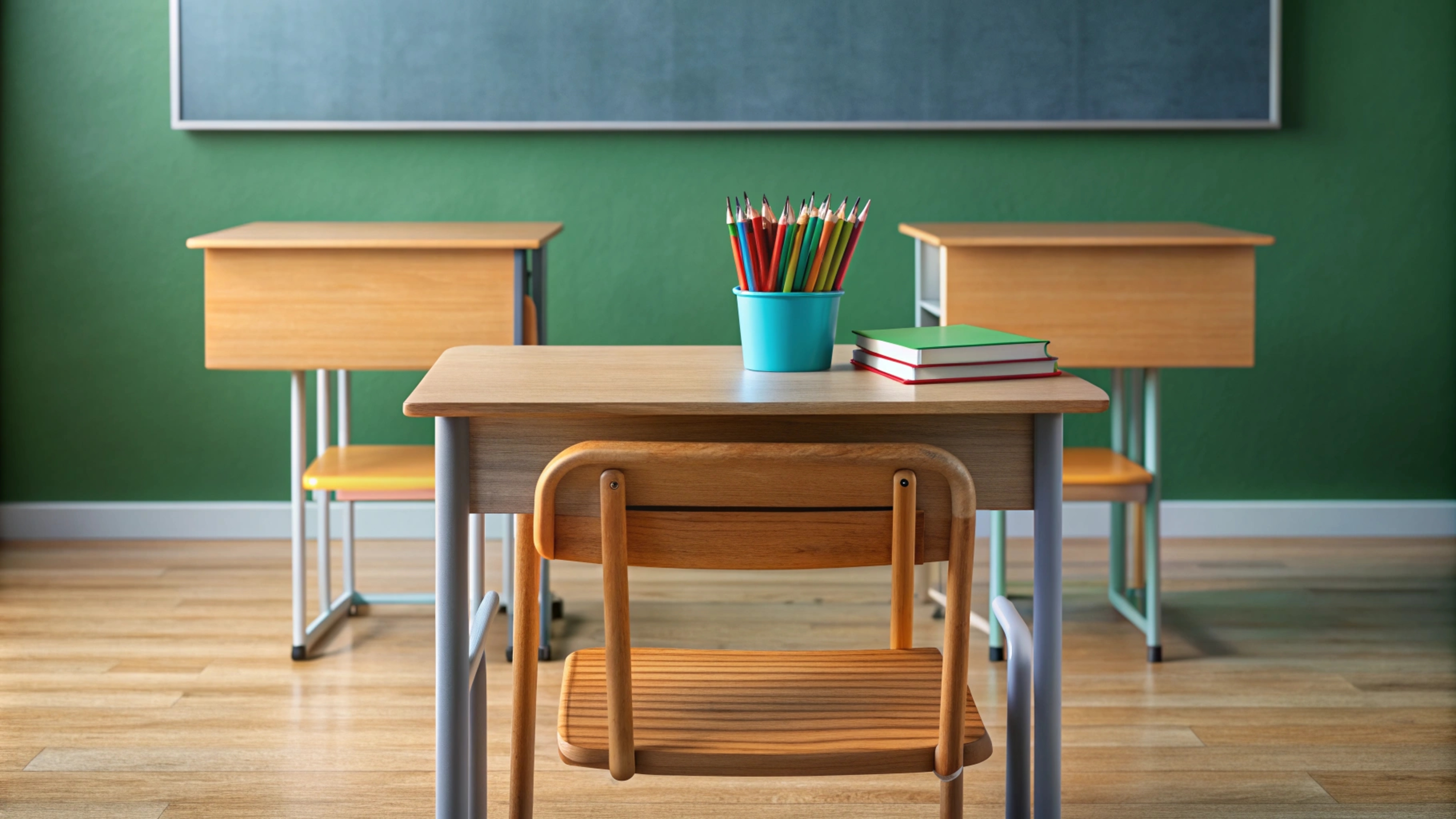 Classroom with desks and study materials